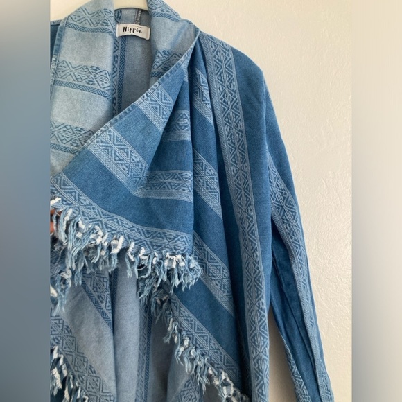 Military Hippie Fringe Denim Open Front Boho Lagenlook Southwestern Jacket S/M - Picture 3 of 9